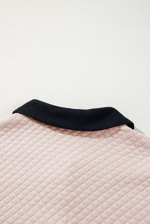 Diamond Textured Quilted Button Neck Collared Pullover
