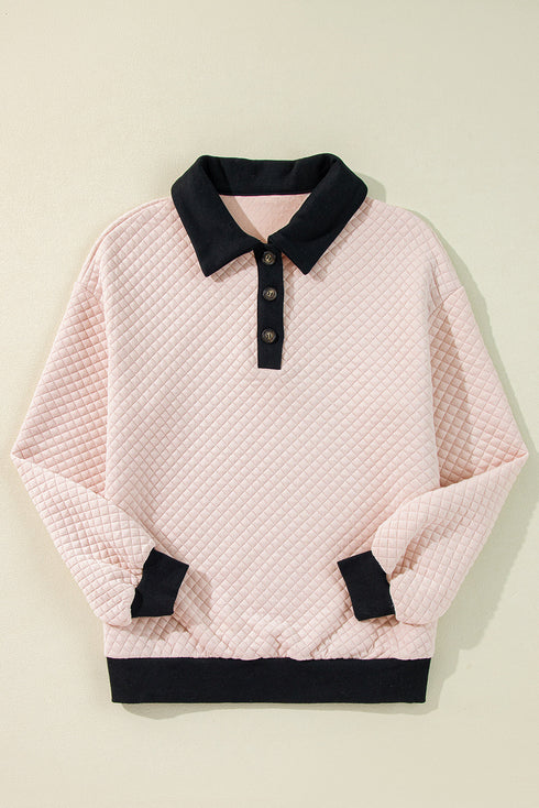 Diamond Textured Quilted Button Neck Collared Pullover