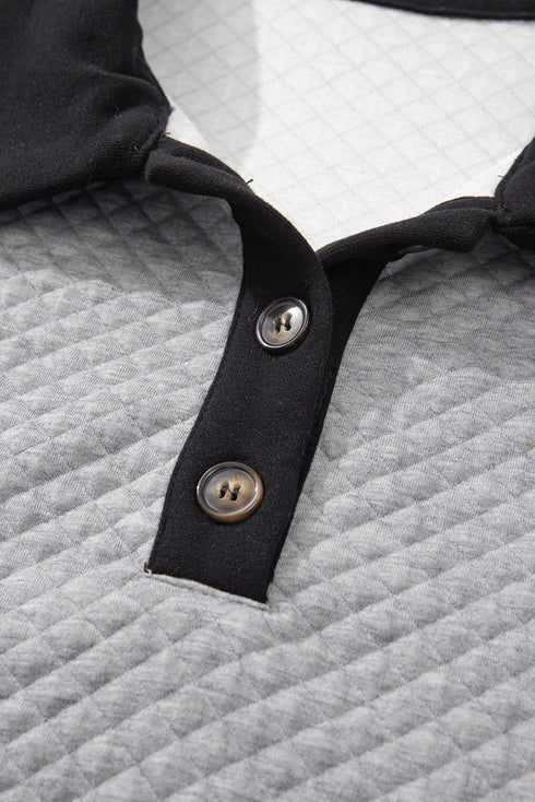 Diamond Textured Quilted Button Neck Collared Pullover