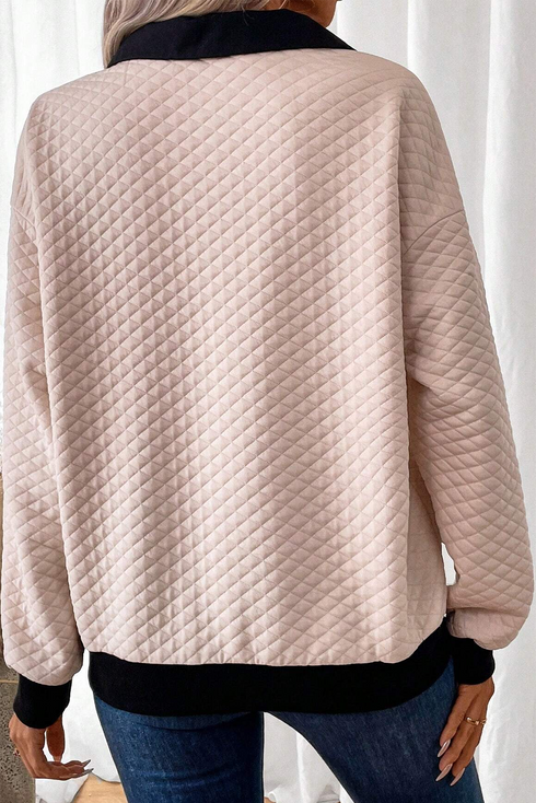 Diamond Textured Quilted Button Neck Collared Pullover