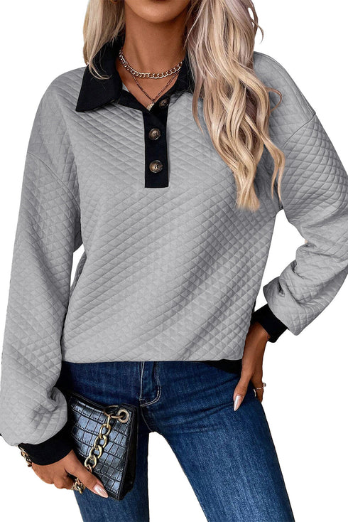 Diamond Textured Quilted Button Neck Collared Pullover