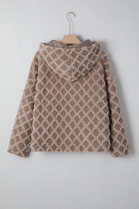 Diamond Textured Sherpa Zip Front Hooded Cropped Jacket