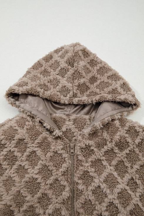 Diamond Textured Sherpa Zip Front Hooded Cropped Jacket