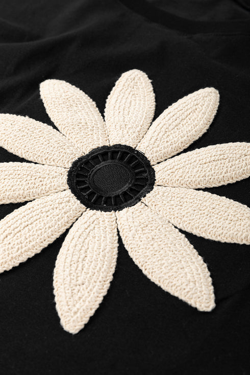 Dimensional Crochet Flower Applique Drop Shoulder Tee