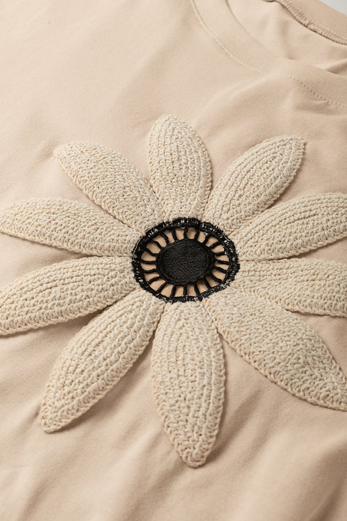 Dimensional Crochet Flower Applique Drop Shoulder Tee