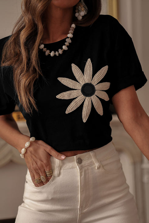 Dimensional Crochet Flower Applique Drop Shoulder Tee