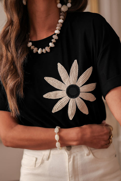 Dimensional Crochet Flower Applique Drop Shoulder Tee