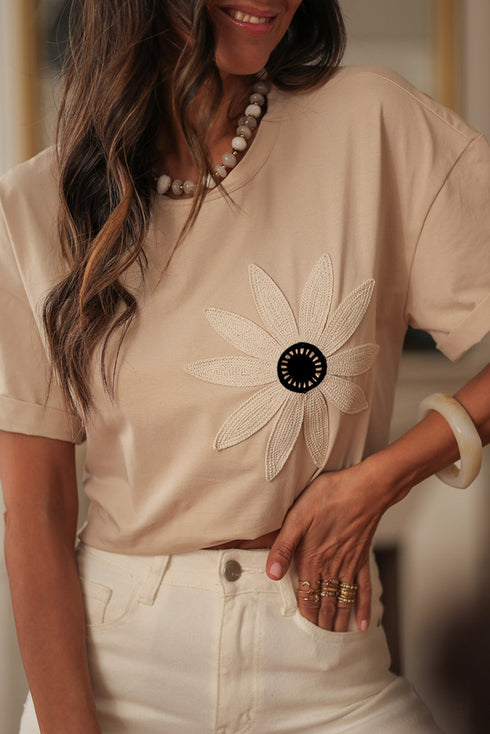 Dimensional Crochet Flower Applique Drop Shoulder Tee