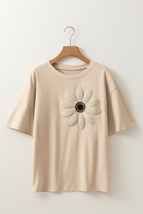 Dimensional Crochet Flower Applique Drop Shoulder Tee