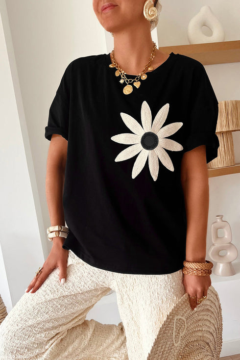 Dimensional Crochet Flower Applique Drop Shoulder Tee