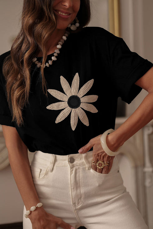 Dimensional Crochet Flower Applique Drop Shoulder Tee