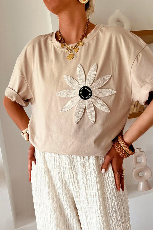Dimensional Crochet Flower Applique Drop Shoulder Tee