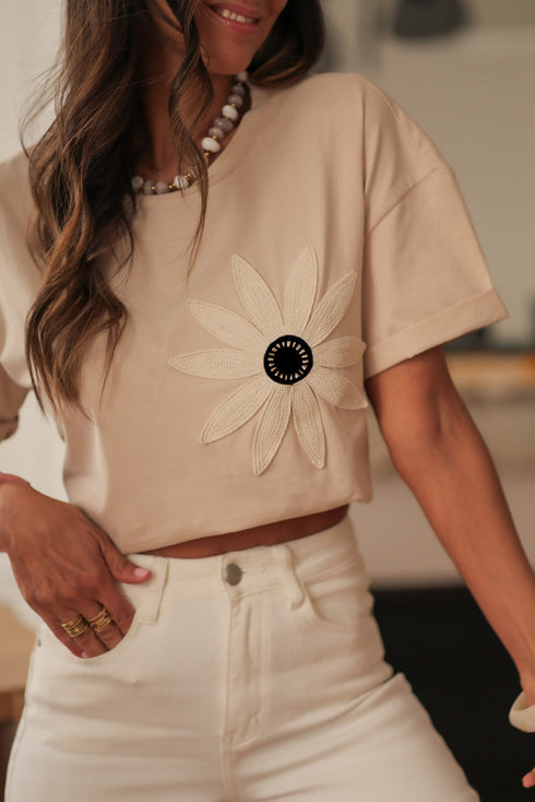 Dimensional Crochet Flower Applique Drop Shoulder Tee