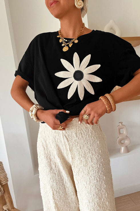 Dimensional Crochet Flower Applique Drop Shoulder Tee