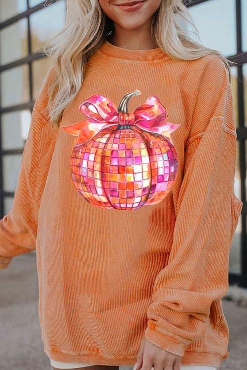 Disco Pumpkin Bow Graphic Corded Crewneck Sweatshirt