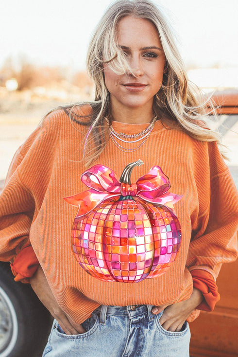 Disco Pumpkin Bow Graphic Corded Crewneck Sweatshirt