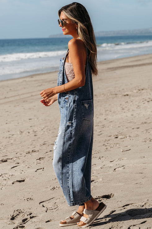 Distressed Bib Pocket Wide Leg Denim Overall Jumpsuit