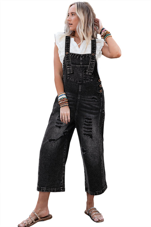 Distressed Bib Pocket Wide Leg Denim Overall Jumpsuit