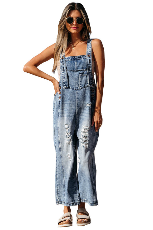 Distressed Bib Pocket Wide Leg Denim Overall Jumpsuit