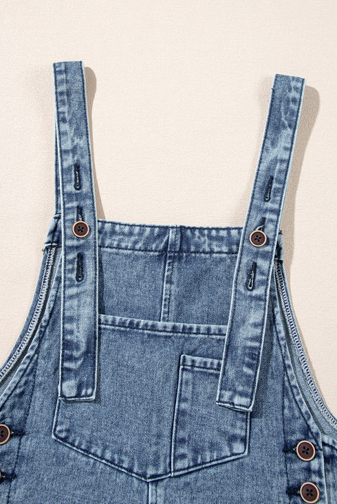 Distressed Bib Pocket Wide Leg Denim Overall Jumpsuit