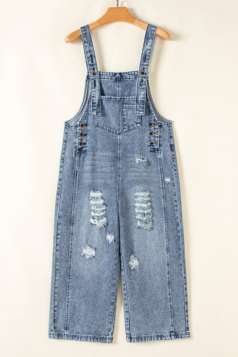 Distressed Bib Pocket Wide Leg Denim Overall Jumpsuit