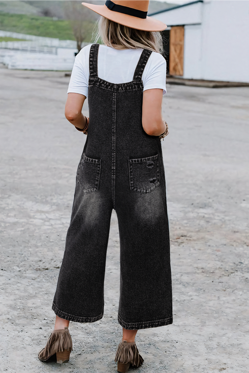 Distressed Bib Pocket Wide Leg Denim Overall Jumpsuit