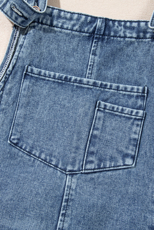 Distressed Bib Pocket Wide Leg Denim Overall Jumpsuit
