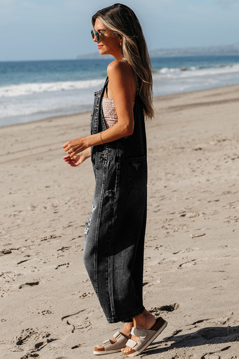 Distressed Bib Pocket Wide Leg Denim Overall Jumpsuit