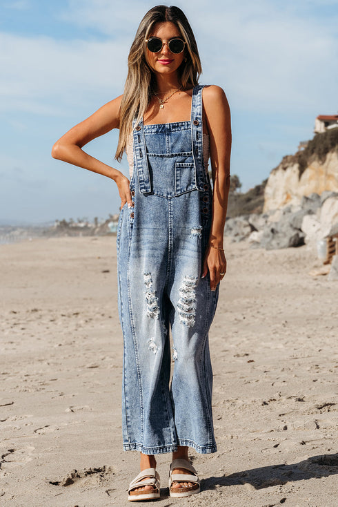 Distressed Bib Pocket Wide Leg Denim Overall Jumpsuit