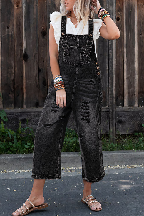 Distressed Bib Pocket Wide Leg Denim Overall Jumpsuit