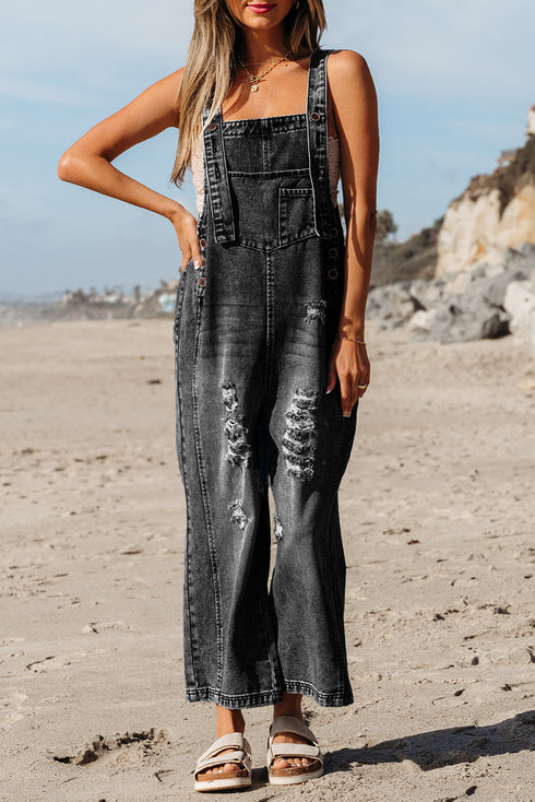 Distressed Bib Pocket Wide Leg Denim Overall Jumpsuit