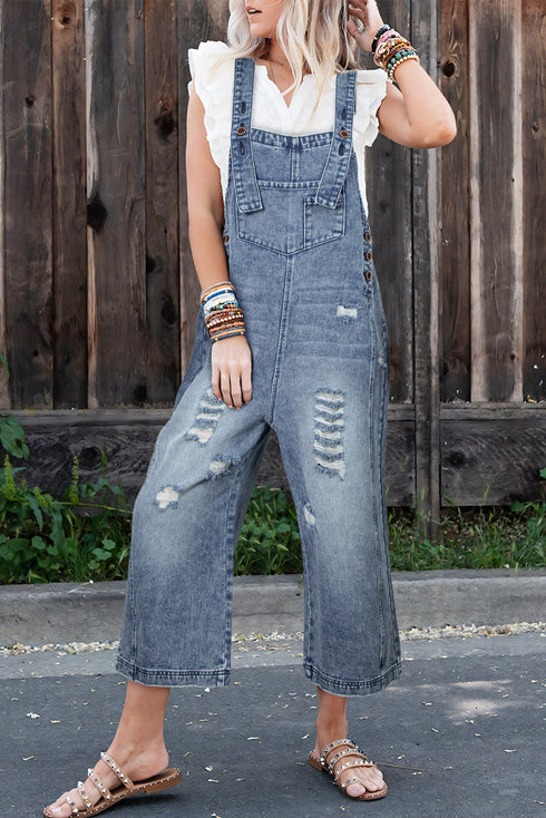 Distressed Bib Pocket Wide Leg Denim Overall Jumpsuit