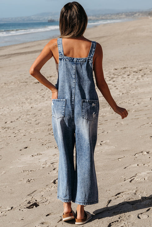Distressed Bib Pocket Wide Leg Denim Overall Jumpsuit