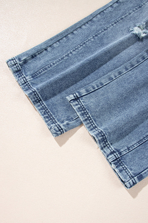 Distressed Bib Pocket Wide Leg Denim Overall Jumpsuit