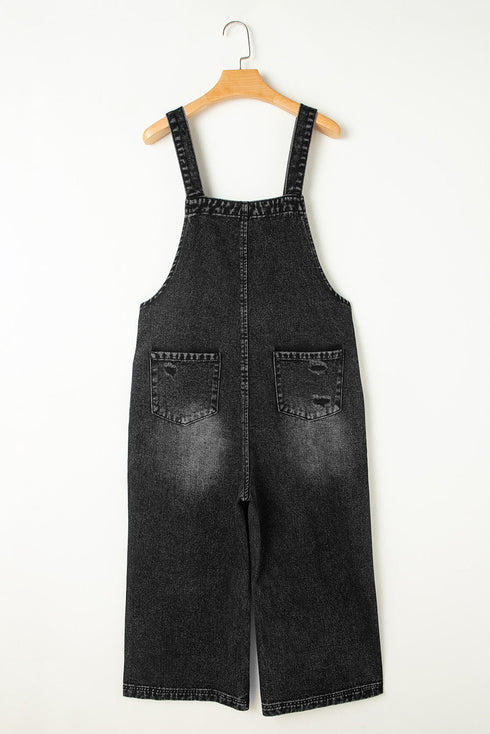 Distressed Bib Pocket Wide Leg Denim Overall Jumpsuit