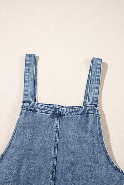 Distressed Bib Pocket Wide Leg Denim Overall Jumpsuit