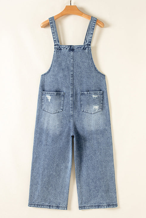 Distressed Bib Pocket Wide Leg Denim Overall Jumpsuit