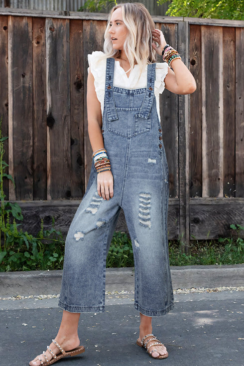 Distressed Bib Pocket Wide Leg Denim Overall Jumpsuit