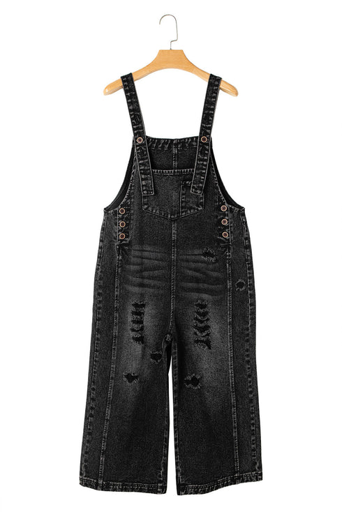 Distressed Bib Pocket Wide Leg Denim Overall Jumpsuit