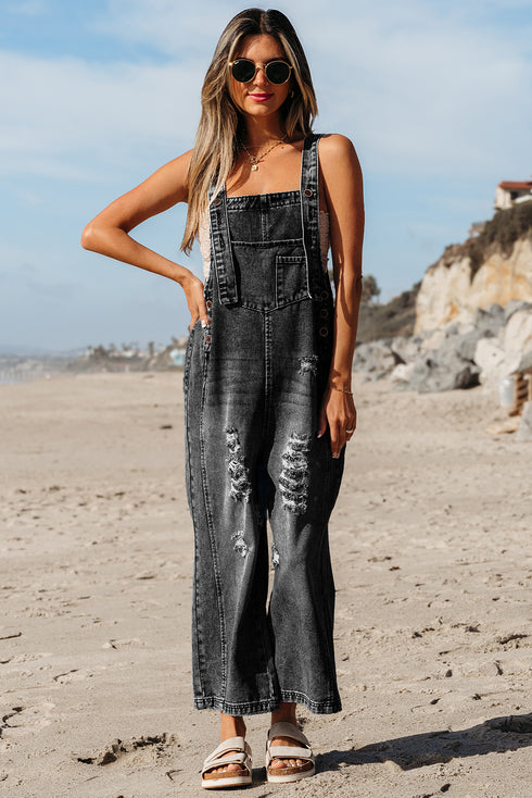 Distressed Bib Pocket Wide Leg Denim Overall Jumpsuit