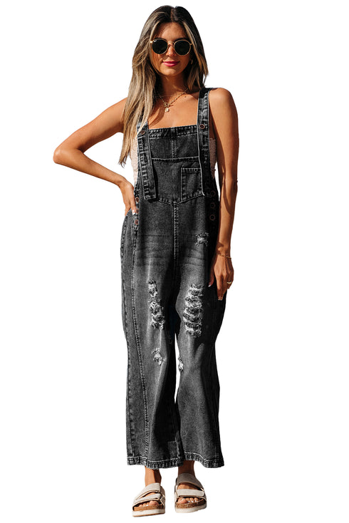 Distressed Bib Pocket Wide Leg Denim Overall Jumpsuit