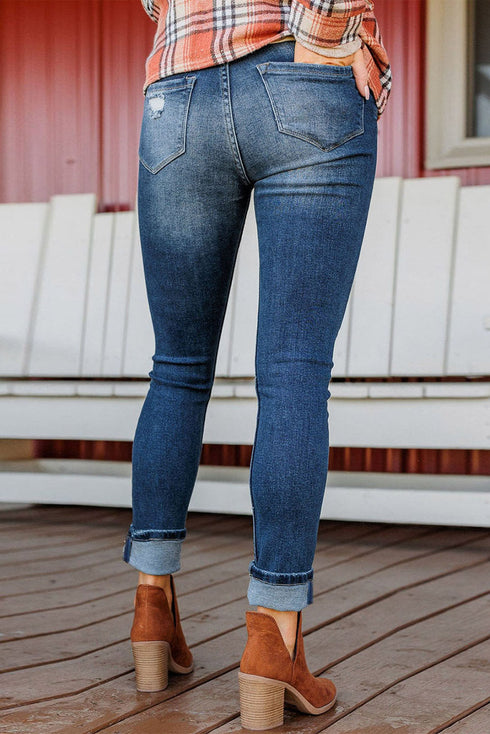 Distressed Button Fly High Waisted Skinny Denim Jeans