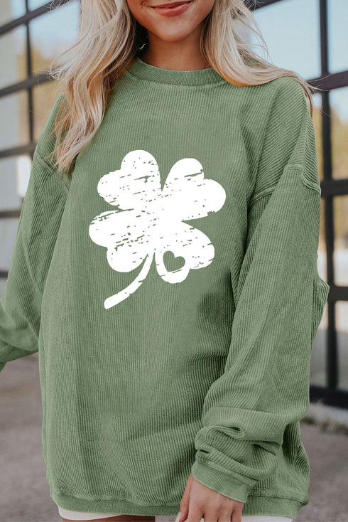 Distressed Clover Graphic Corduroy Crew Neck Sweatshirt