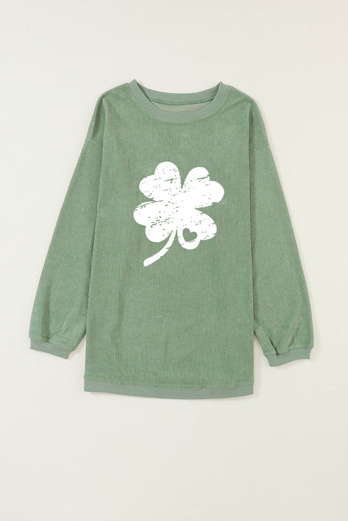 Distressed Clover Graphic Corduroy Crew Neck Sweatshirt