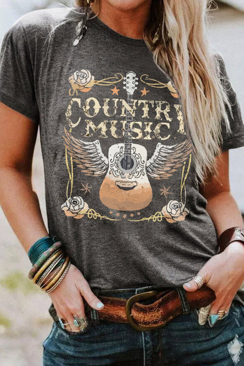 Distressed Country Music Guitar Graphic Short Sleeve Tee