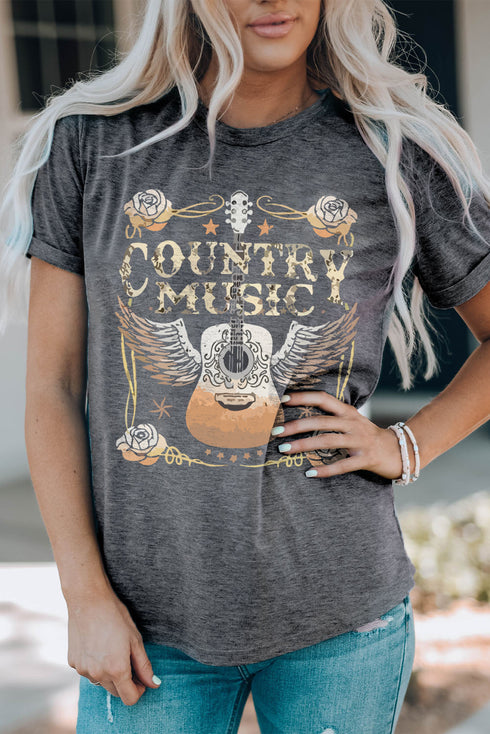 Distressed Country Music Guitar Graphic Short Sleeve Tee