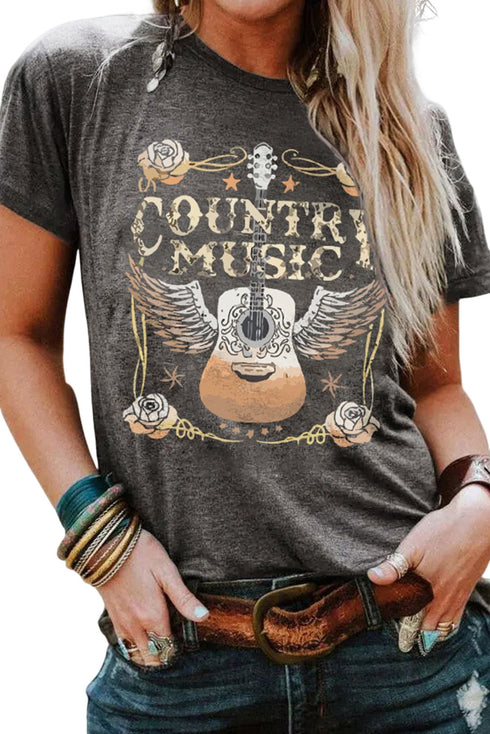 Distressed Country Music Guitar Graphic Short Sleeve Tee