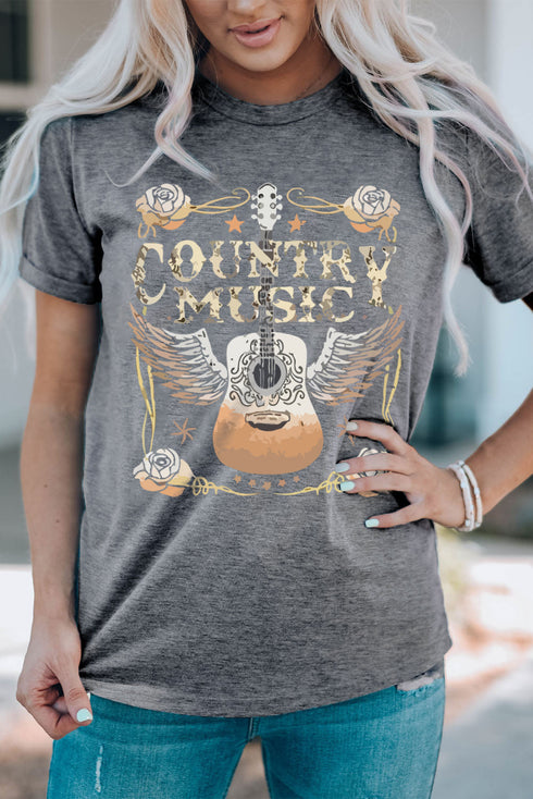 Distressed Country Music Guitar Graphic Short Sleeve Tee