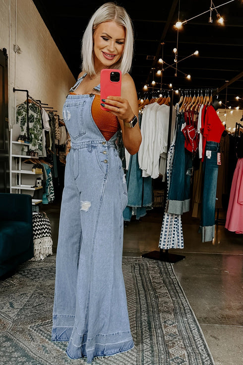 Distressed Denim Wide Leg Adjustable Strap Overall Jumpsuit