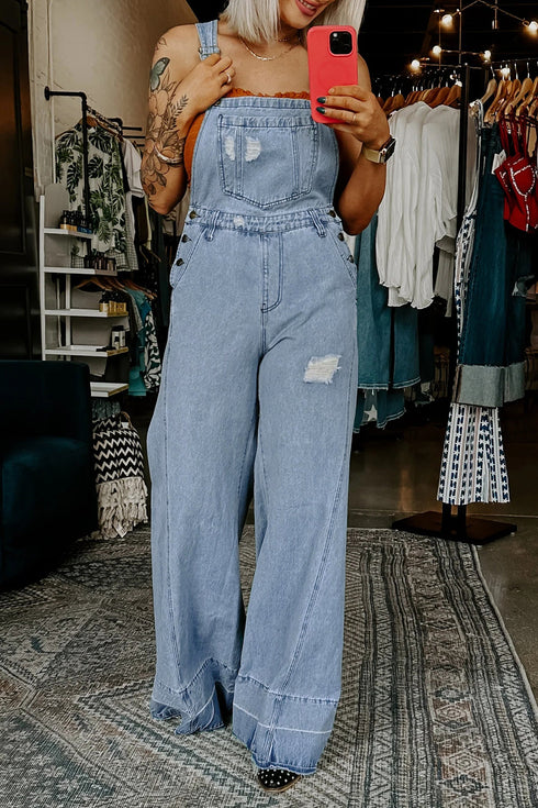 Distressed Denim Wide Leg Adjustable Strap Overall Jumpsuit